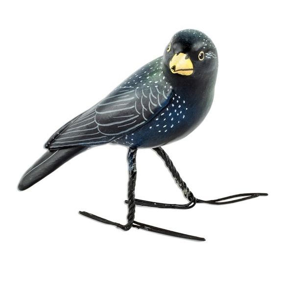 Alternate image for Guatemalan Handcrafted Posable Ceramic Starling Figurine Black Starling