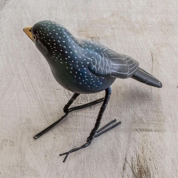 Alternate image for Guatemalan Handcrafted Posable Ceramic Starling Figurine Black Starling