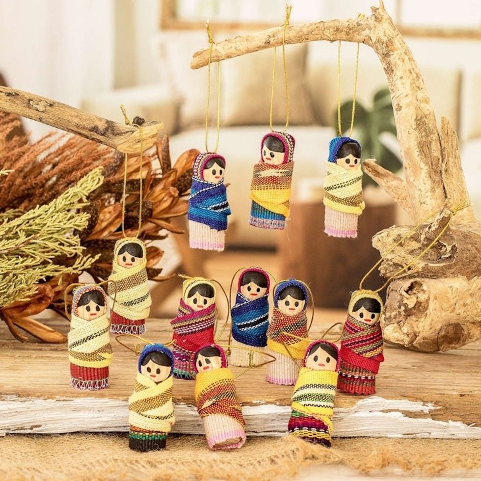 Handcrafted Worry Doll Wood and Cotton Ornaments Set of 12 'In the Village'