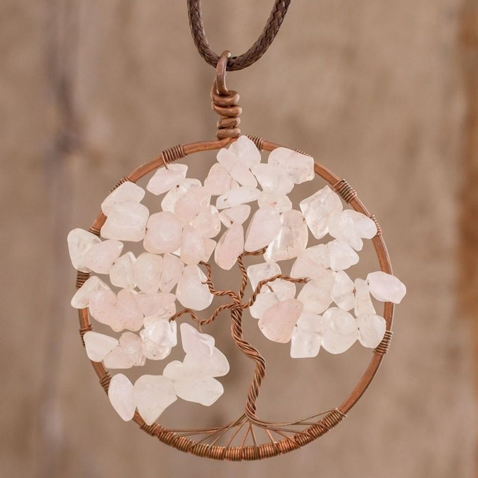 Rose Quartz Gemstone Tree Pendant Necklace from Costa Rica 'Taurus Tree of Life'