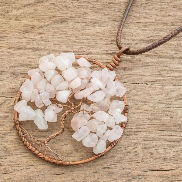 Alternate image for Rose Quartz Gemstone Tree Pendant Necklace from Costa Rica Taurus Tree of Life