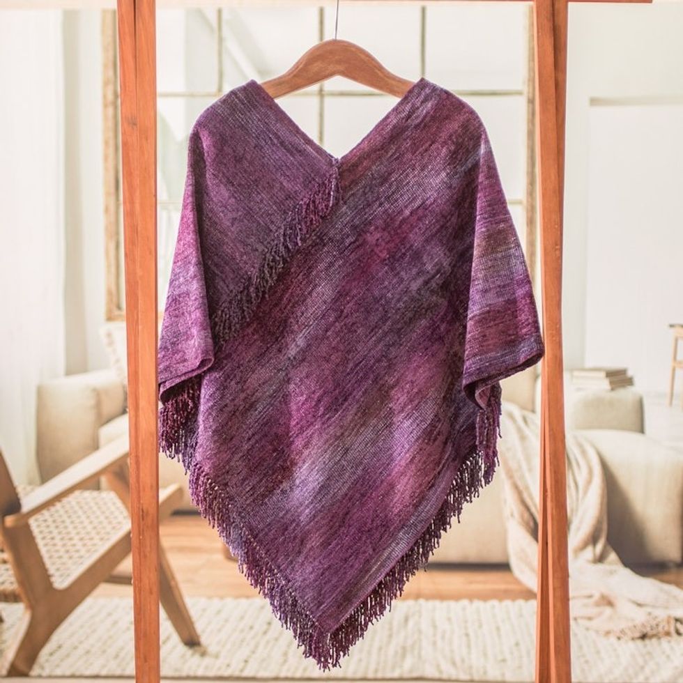 Cotton Blend Poncho in Purple Hues Handwoven in Guatemala 'Primaveral Wine'