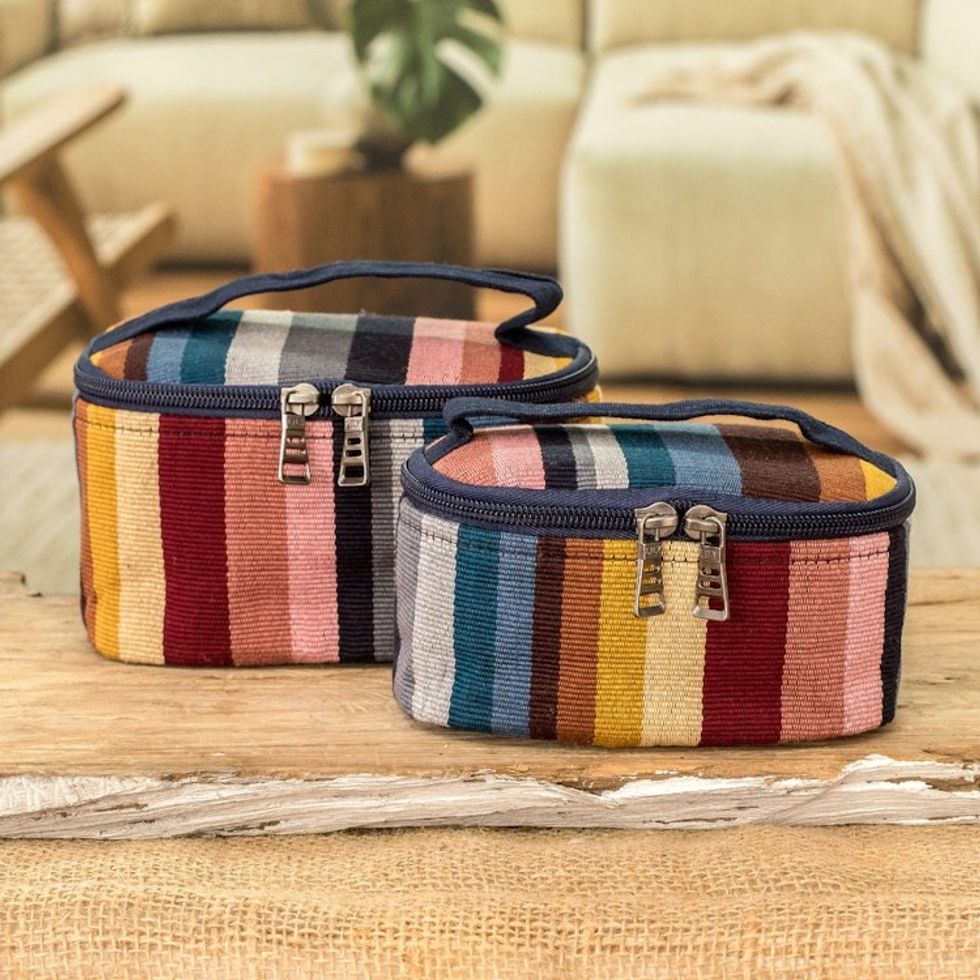 Pair of Colorful Striped Handwoven Cotton Cosmetic Bags 'Earthy Style'