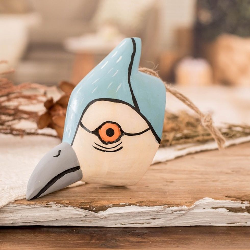 Hand-Carved and Painted Pinewood Kingfisher Bird Wall Mask 'Kind Kingfisher'