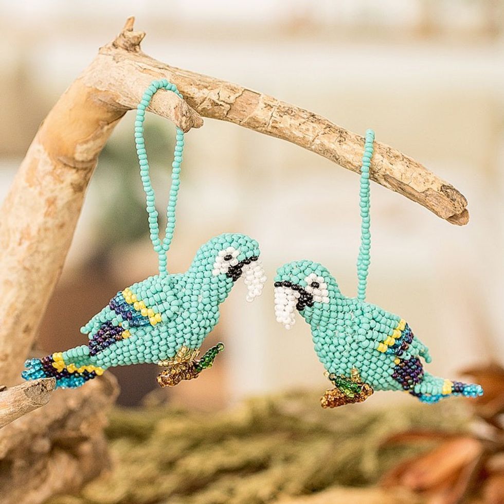 Pair of Glass Beaded Macaw-Themed Ornaments from Guatemala 'Marvelous Macaws'