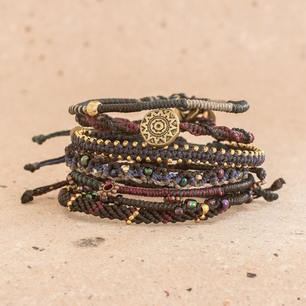 Glass Beaded Macrame Bracelets in Black Set of 7 'Boho Histories in Black'