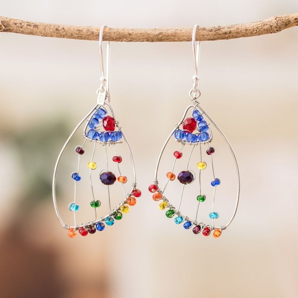 Crystal Glass Beaded Butterfly Wing Shaped Dangle Earrings 'Colorful Wings of Freedom'