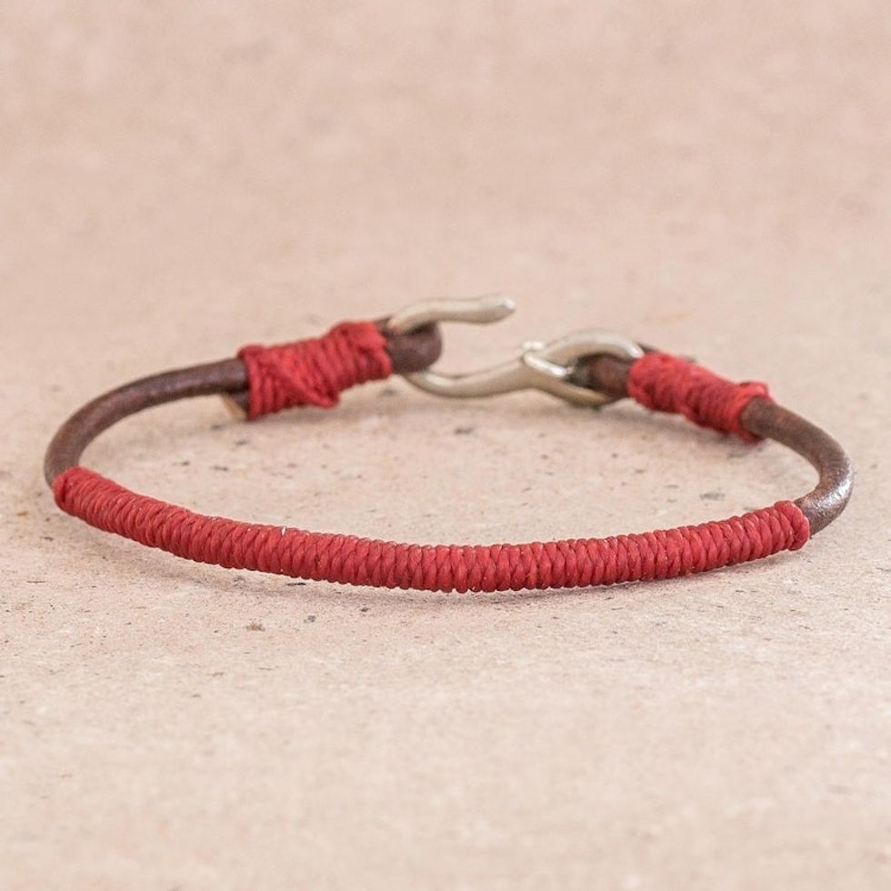 Leather and Red Cord Unisex Bracelet 'Destination'