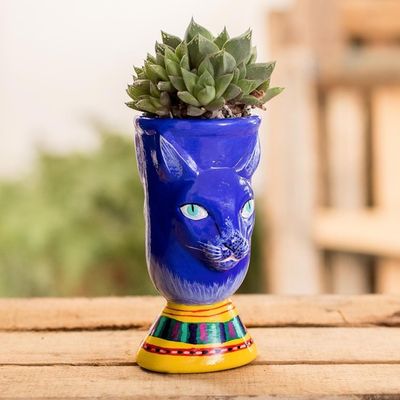 Alternate image for Blue Ceramic Flower Pot Top Cat in Blue