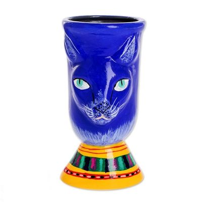 Alternate image for Blue Ceramic Flower Pot Top Cat in Blue