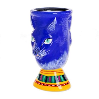 Alternate image for Blue Ceramic Flower Pot Top Cat in Blue