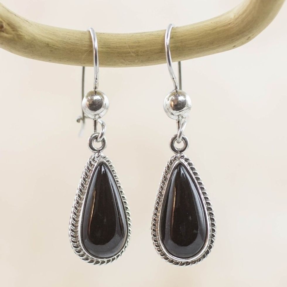 Artisan Crafted Sterling Silver Black Jade Dangle Earrings 'Black Tear'