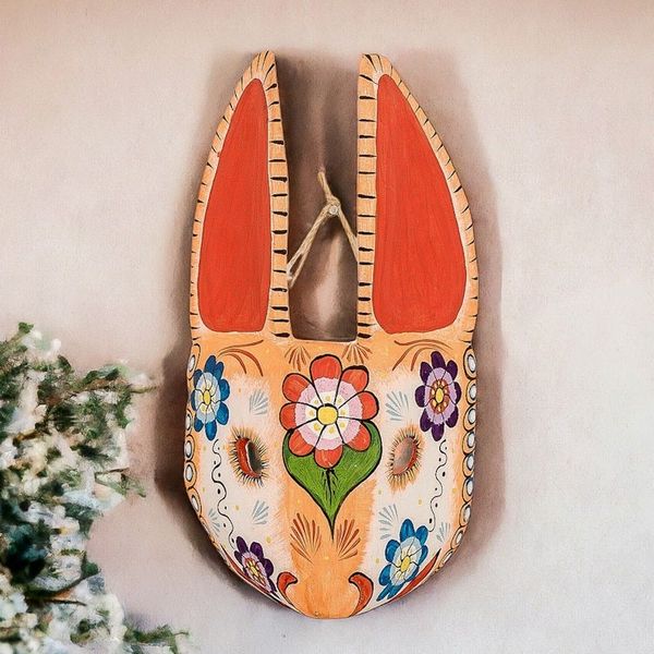 Alternate image for Hand-Painted Floral Orange and White Bunny Pinewood Mask Floral Hops