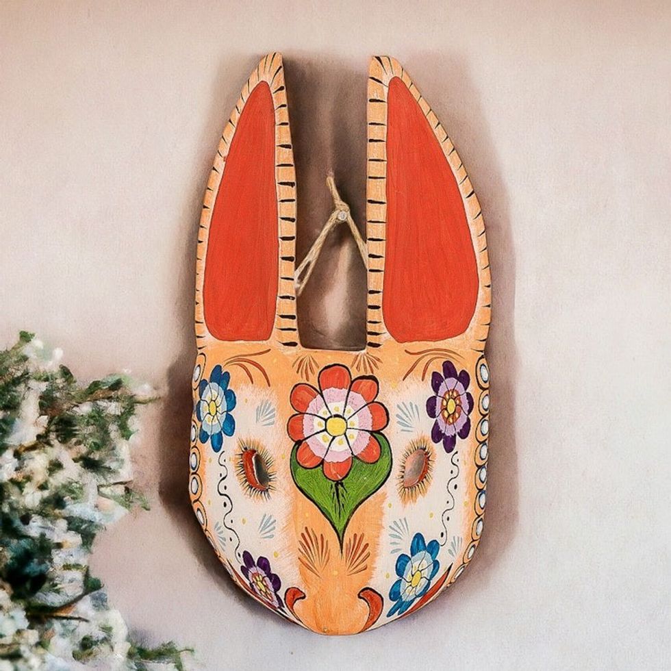 Hand-Painted Floral Orange and White Bunny Pinewood Mask 'Floral Hops'