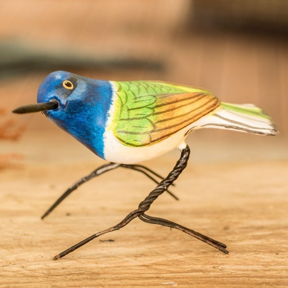 Guatemalan Handmade Jacobin Hummingbird Clay Bird Figurine 'Jacobin Hummingbird'