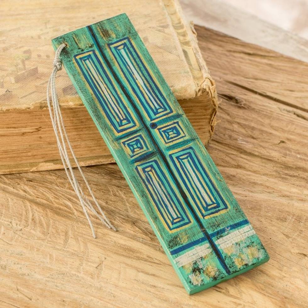 Hand-Painted Cedar Wood Antique Door Bookmark in Turquoise 'Vintage Door in Teal'