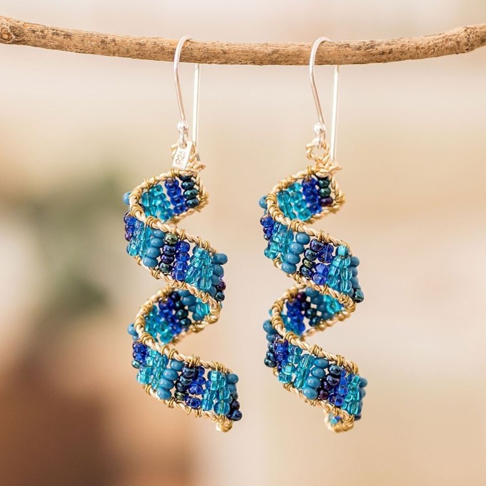 Handmade Crystal Glass Beaded Dangle Earrings in Blue 'Blue Fiesta'
