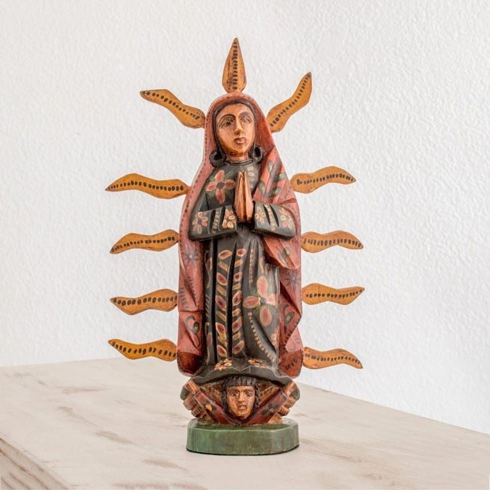 Handcrafted Pinewood Mary Statuette from Guatemala 'Glowing Guadalupe'