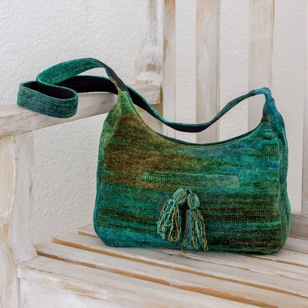 Rayon and Cotton Blend Hobo Bag in Green from Guatemala 'Forest Day'