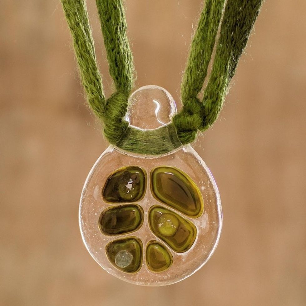 Clear Drop Shaped Glass Pendant Necklace with Braided Cord 'Green Dewdrop Leaf'