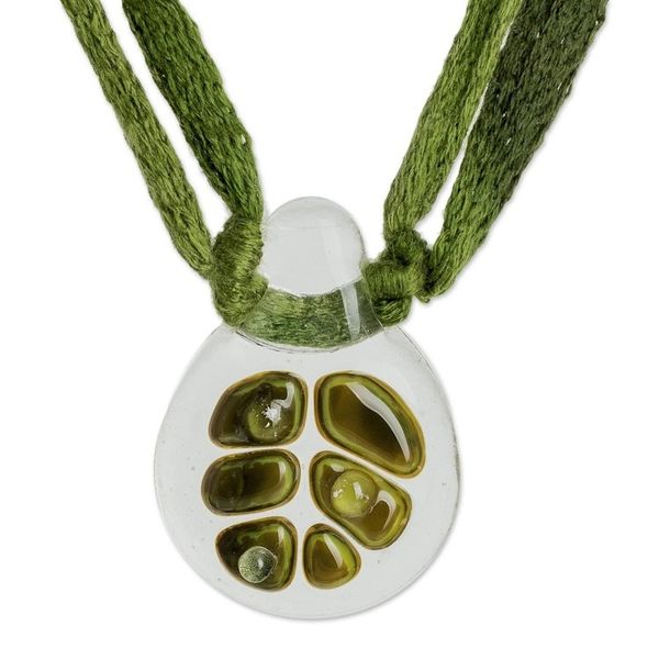 Alternate image for Clear Drop Shaped Glass Pendant Necklace with Braided Cord Green Dewdrop Leaf