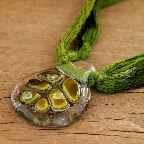 Alternate image for Clear Drop Shaped Glass Pendant Necklace with Braided Cord Green Dewdrop Leaf