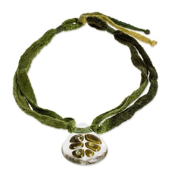 Alternate image for Clear Drop Shaped Glass Pendant Necklace with Braided Cord Green Dewdrop Leaf
