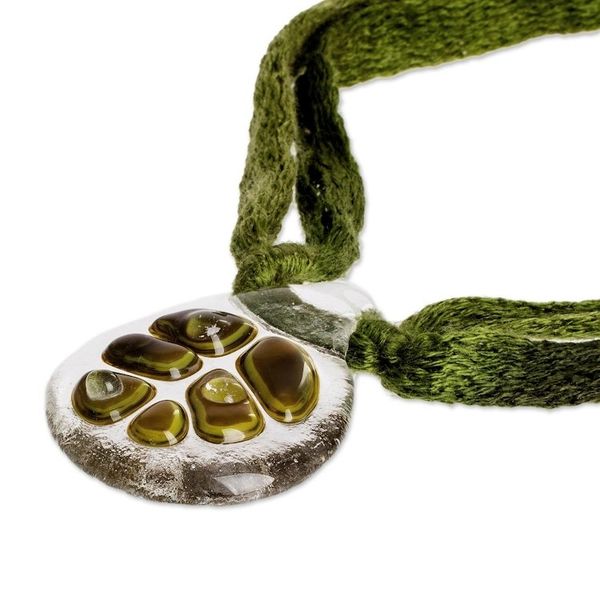 Alternate image for Clear Drop Shaped Glass Pendant Necklace with Braided Cord Green Dewdrop Leaf