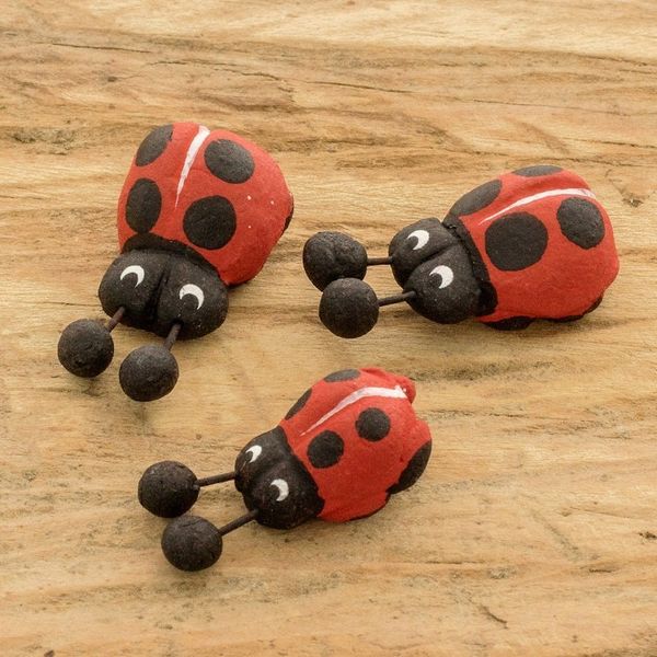 Alternate image for Set of 3 Hand-painted Ladybug-themed Ceramic Figurines Ladybug Family