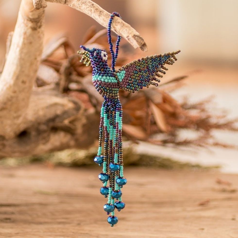 Handcrafted Glass Beaded Blue Hummingbird Home Accent 'Hummingbird Spell'