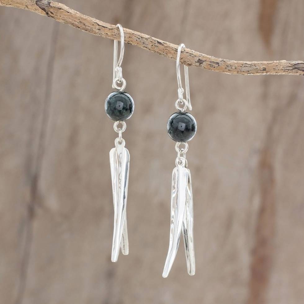 Feather-Themed Jade Dangle Earrings in Dark Green 'Elegant Plumage in Dark Green'
