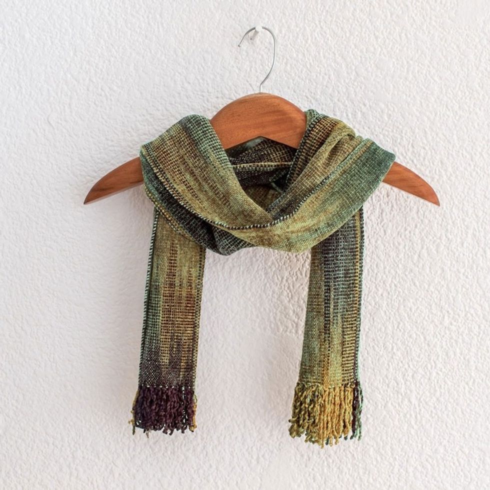 Handwoven Green Rayon Chenille Scarf from Guatemala 'Profound Green'