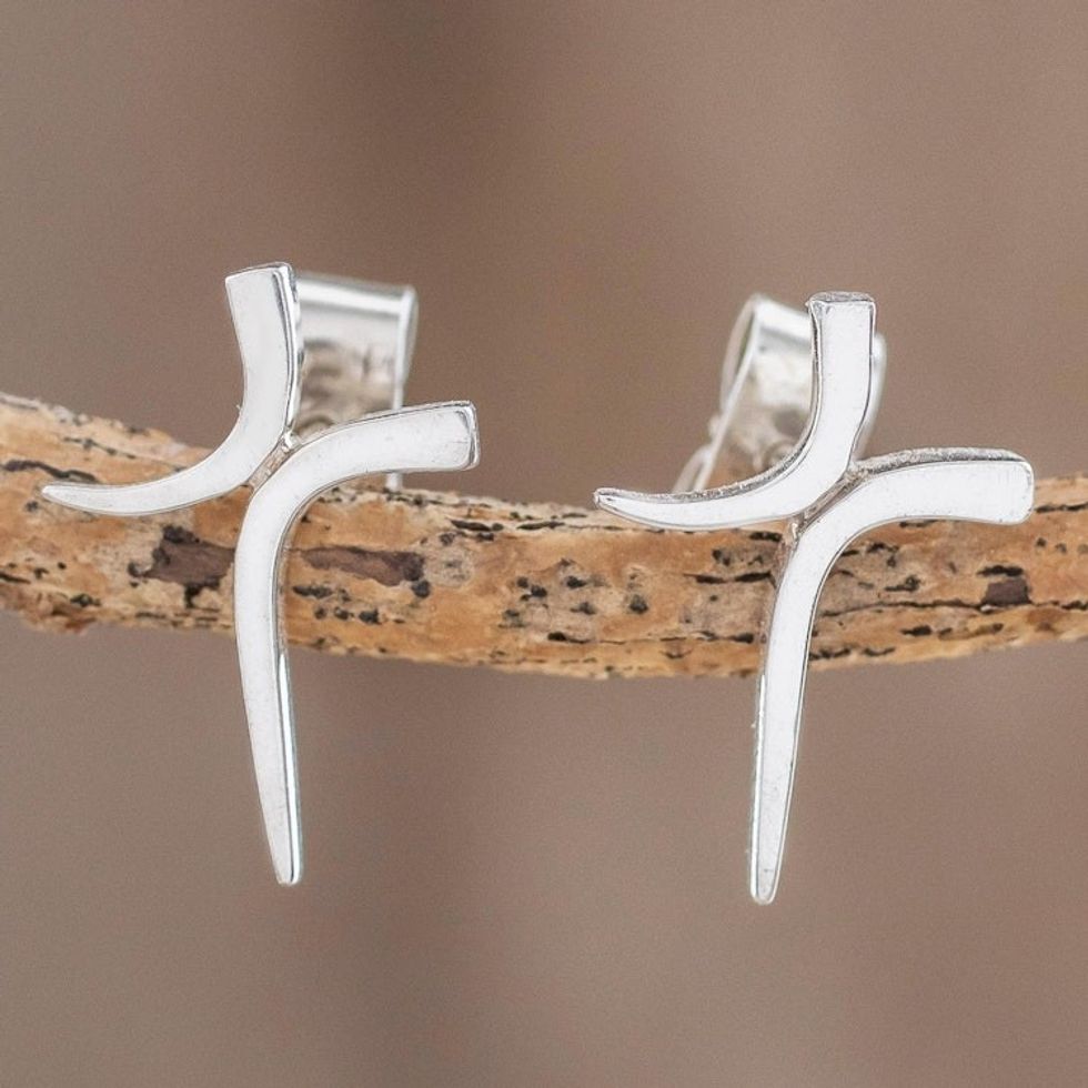 Modern Cross Sterling Silver Button Earrings from Guatemala 'Sweeping Faith'