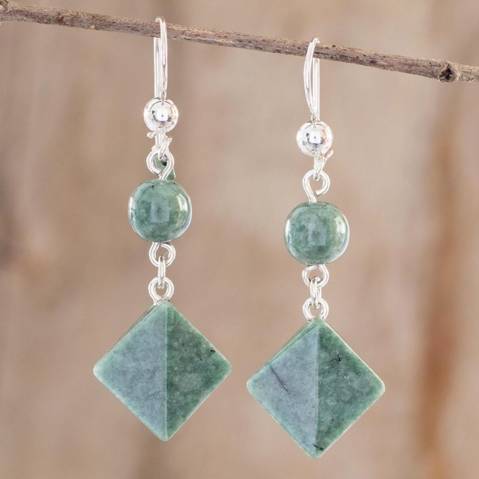 Light Green Jade Geometric Dangle Earrings 'Ancient Diamonds in Green'