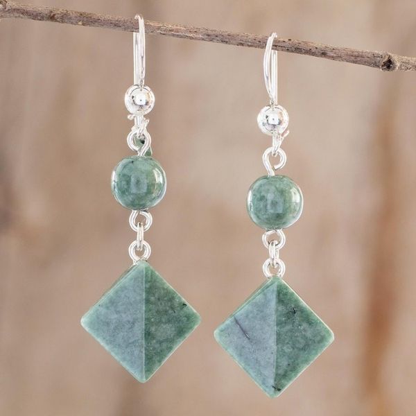 Alternate image for Light Green Jade Geometric Dangle Earrings Ancient Diamonds in Green