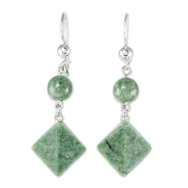 Alternate image for Light Green Jade Geometric Dangle Earrings Ancient Diamonds in Green