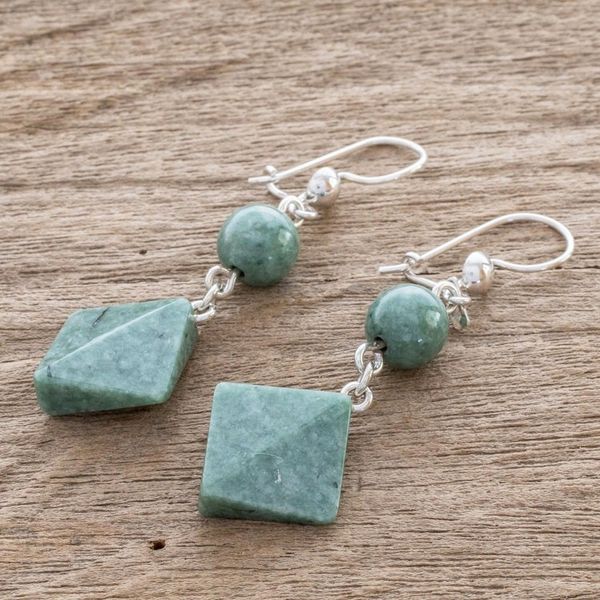 Alternate image for Light Green Jade Geometric Dangle Earrings Ancient Diamonds in Green