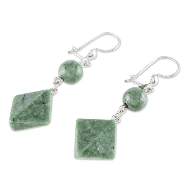 Alternate image for Light Green Jade Geometric Dangle Earrings Ancient Diamonds in Green