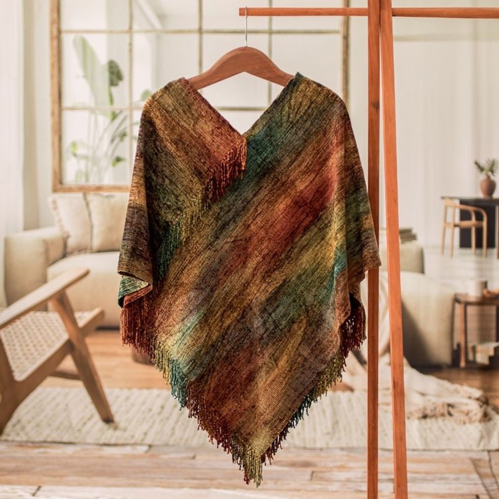 Handwoven Cotton Blend Fringed Poncho in Warm Hues 'Forest Heart'