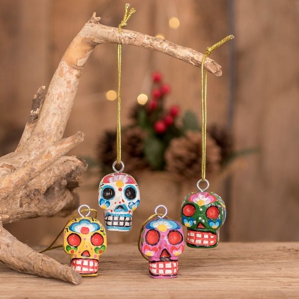 Wood Floral Skull Ornaments from Guatemala Set of 4 'Traditional Skulls'