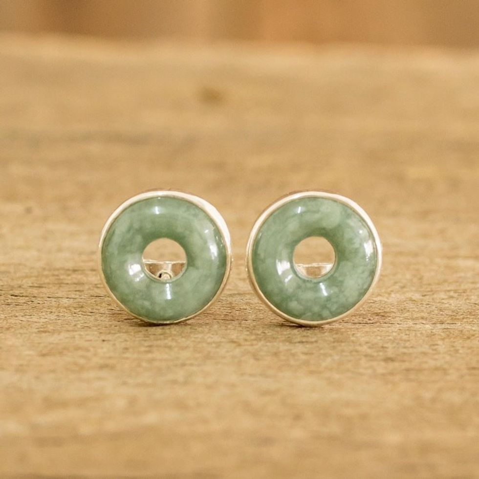 Green Jade Stud Earrings in Circle Design from Guatemala 'Green Eternity'