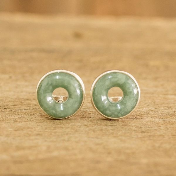 Alternate image for Green Jade Stud Earrings in Circle Design from Guatemala Green Eternity