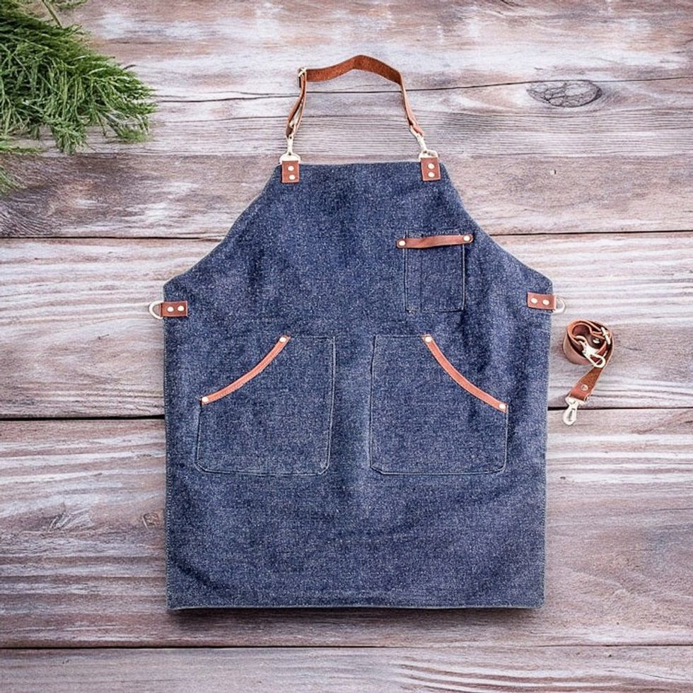 Adjustable Leather-Accented Blue Canvas Apron 'Culinarily Dapper'