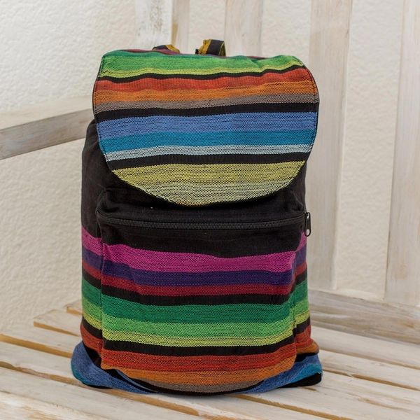 Alternate image for Multicolored Striped Cotton Backpack from El Salvador Tasajera Stripes