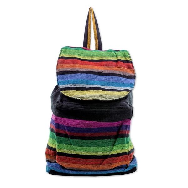 Alternate image for Multicolored Striped Cotton Backpack from El Salvador Tasajera Stripes