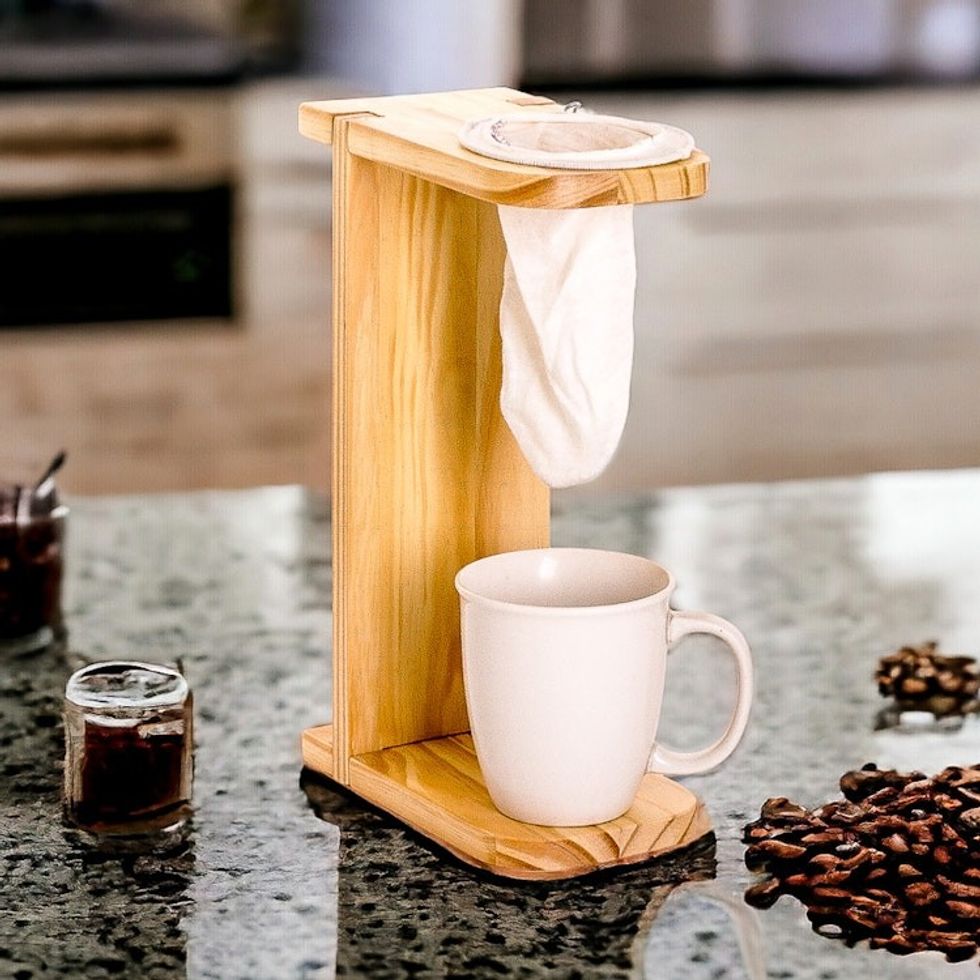 Handcrafted Pinewood Single-Serve Drip Coffee Stand 'Delightful Scents'