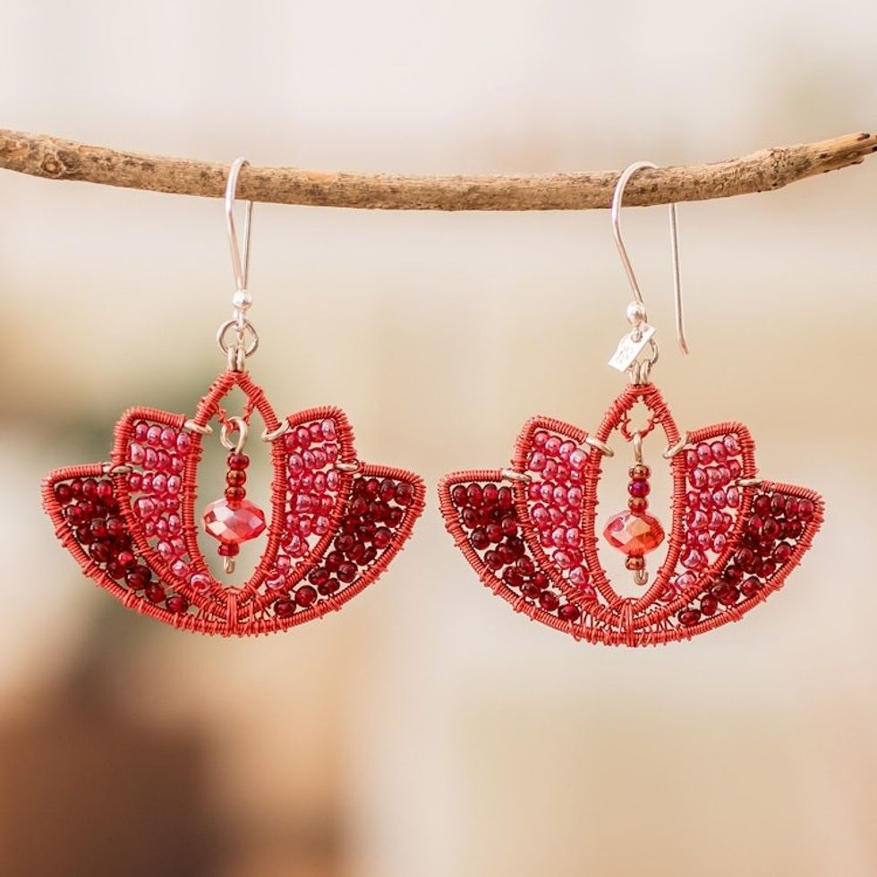 Lotus-Shaped Red Crystal and Glass Beaded Dangle Earrings 'Passion Lotus'