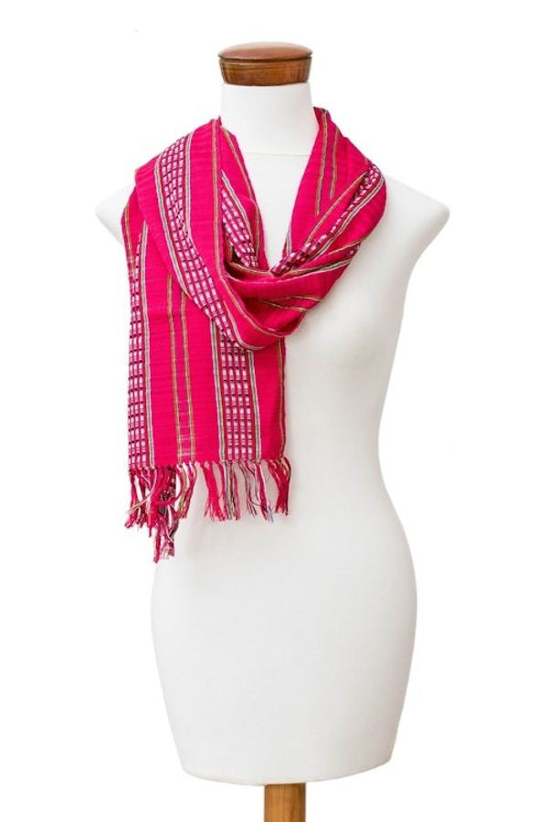 Alternate image for Fair Trade Handwoven Fuchsia Cotton Scarf from Guatemala Palopo Fruits