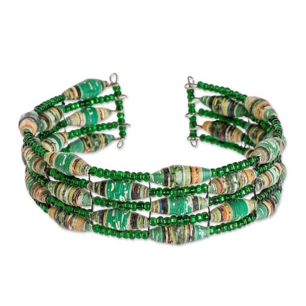 Alternate image for Green Recycled Paper and Glass Bead Bracelet Nature of Life in Green