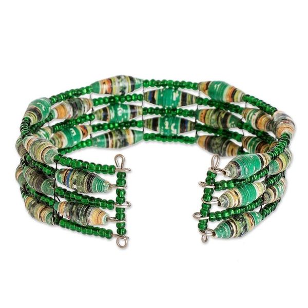 Alternate image for Green Recycled Paper and Glass Bead Bracelet Nature of Life in Green